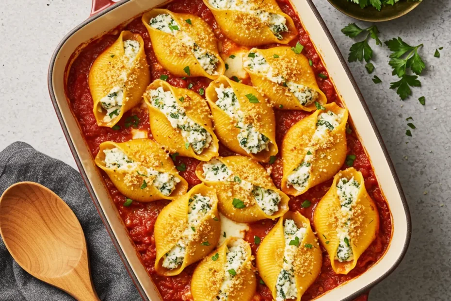 A top-down photo of baked chicken ricotta stuffed shells in marinara sauce, topped with melted cheese and parsley.