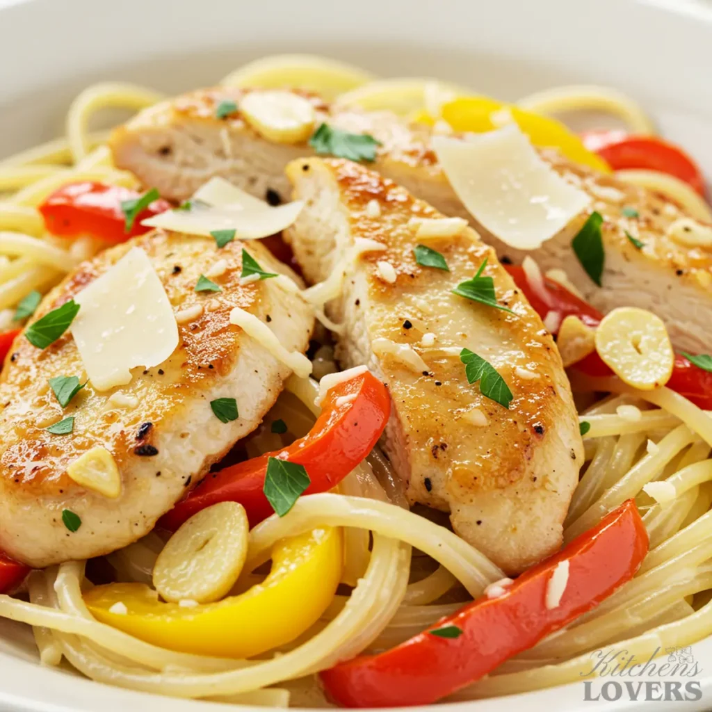 An extreme close-up, macro shot of chicken scampi pasta, showing the detailed texture of the creamy sauce on angel hair pasta, chicken, and bell peppers.