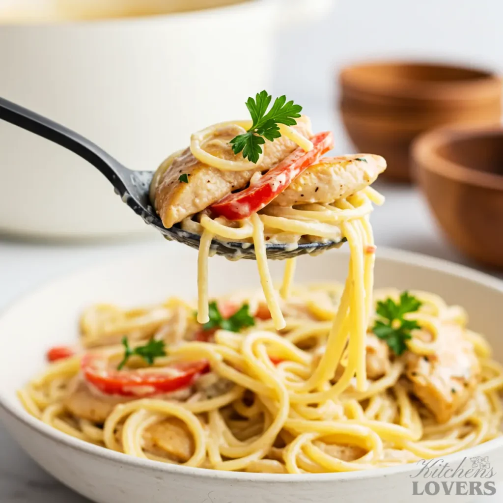 A low-angle hero shot of a spoonful of creamy chicken scampi being lifted towards the camera, showing a perfect bite of pasta, chicken, and peppers in detail.