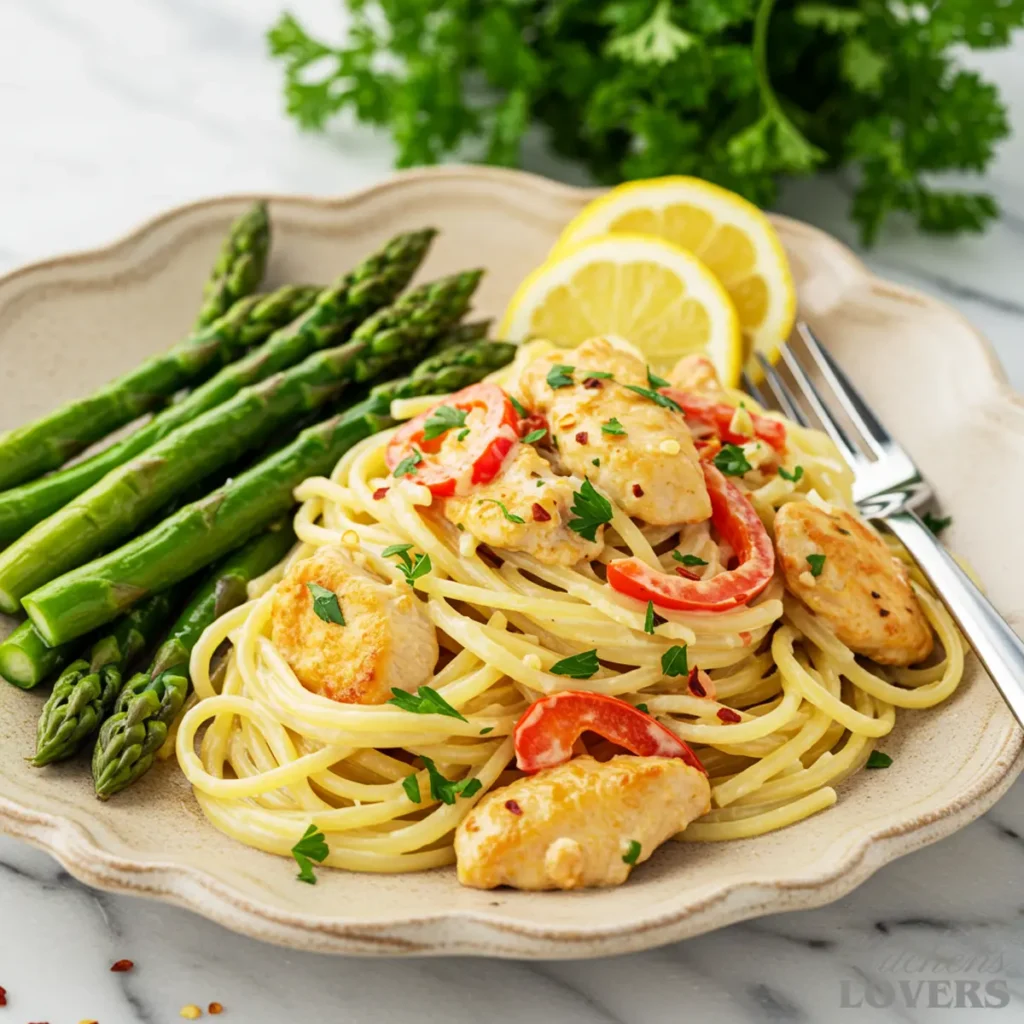 A high-angle shot of creamy chicken scampi served on a rustic plate, paired with vibrant green steamed asparagus spears and lemon wedges.