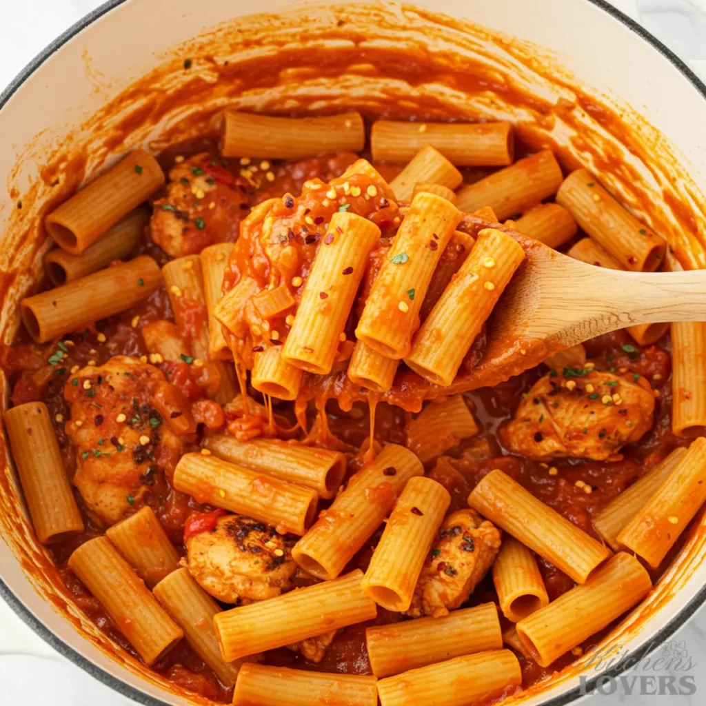 Top-down shot of a Dutch oven full of extra saucy chicken fra diavolo, with a spoon lifting a dripping scoop of pasta and sauce.