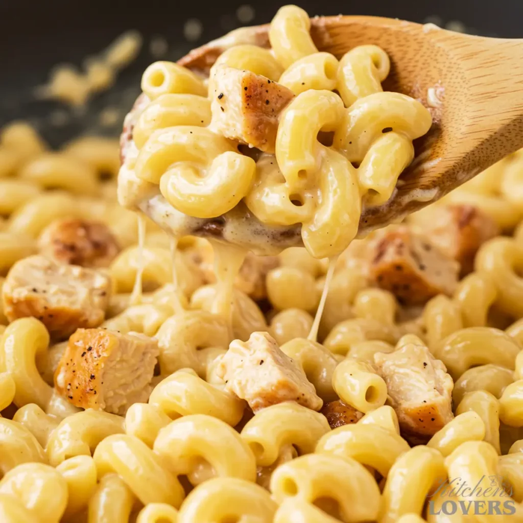 A close-up action shot of a wooden spoon stirring a pot of creamy chicken mac and cheese, showing the gooey texture of the cheese sauce.