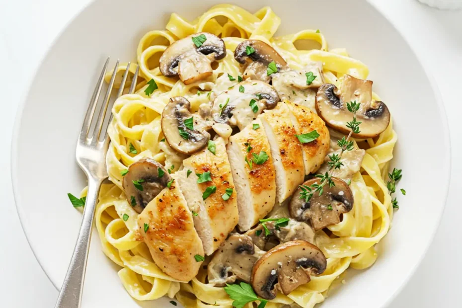 An overhead shot of a white bowl filled with creamy chicken marsala pasta, garnished with fresh parsley.