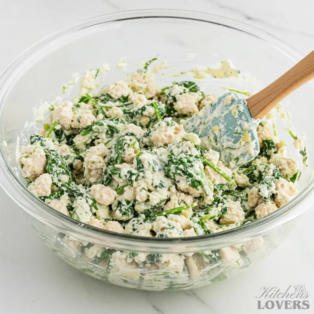 A large glass bowl filled with the thick, creamy chicken and ricotta filling for stuffed shells, showing its rich texture after being mixed.