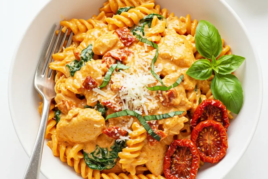 A top-down view of a white bowl filled with creamy sun-dried tomato chicken pasta with rotini, spinach, and Parmesan. A fork rests inside the bowl.