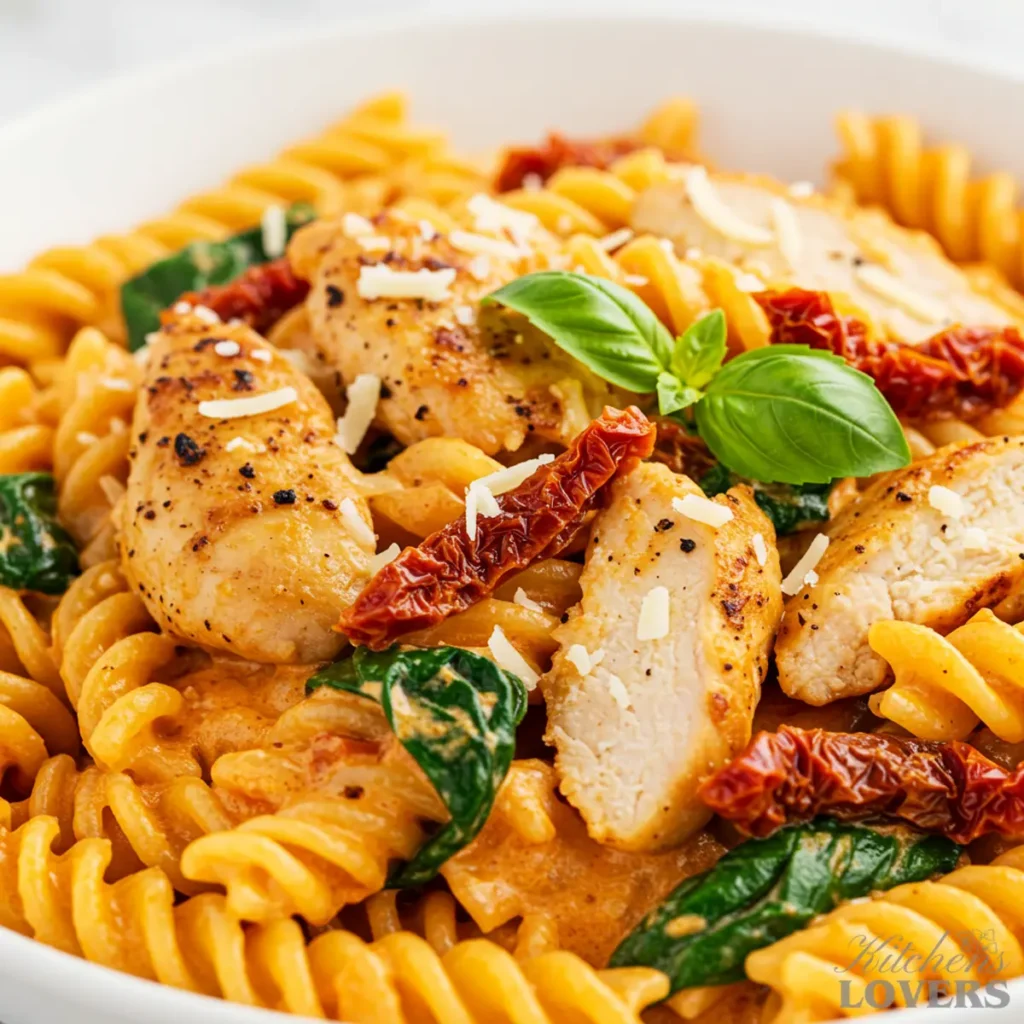 Extreme close-up of creamy sun-dried tomato chicken pasta, showing the detailed texture of the rotini, sauce, chicken, and spinach.
