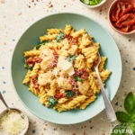 A top-down photo of creamy sun-dried tomato chicken pasta with spinach and Parmesan in a teal bowl.