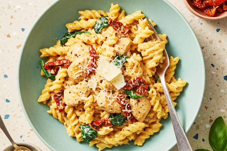 A top-down photo of creamy sun-dried tomato chicken pasta with spinach and Parmesan in a teal bowl.