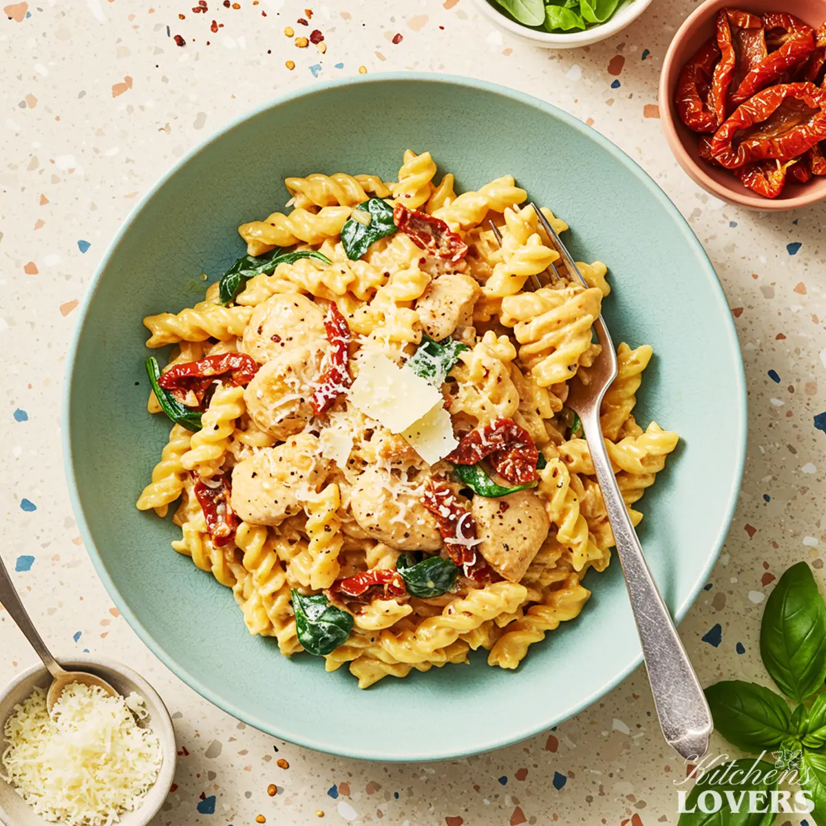 A top-down photo of creamy sun-dried tomato chicken pasta with spinach and Parmesan in a teal bowl.