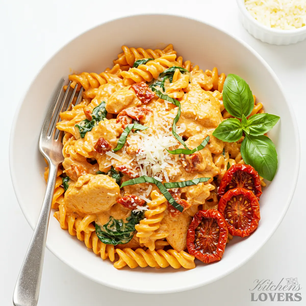 A top-down view of a white bowl filled with creamy sun-dried tomato chicken pasta with rotini, spinach, and Parmesan. A fork rests inside the bowl.