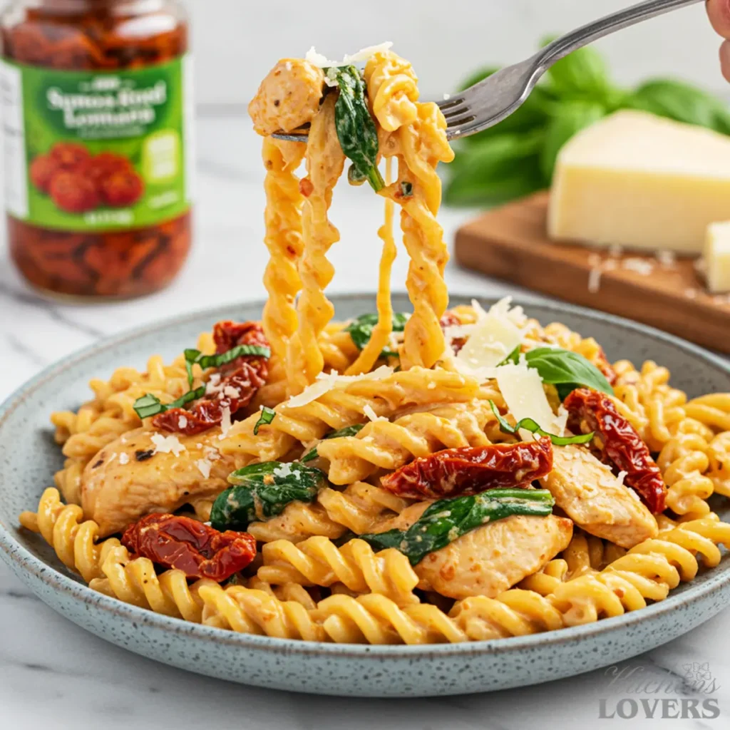 A fork lifting a bite of creamy chicken rotini pasta from a plate, showing the sauce and a piece of chicken.