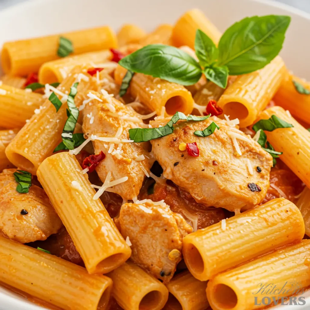 Extreme close-up of chicken fra diavolo, detailing a lavish amount of rich red tomato sauce made creamy and clinging to rigatoni.