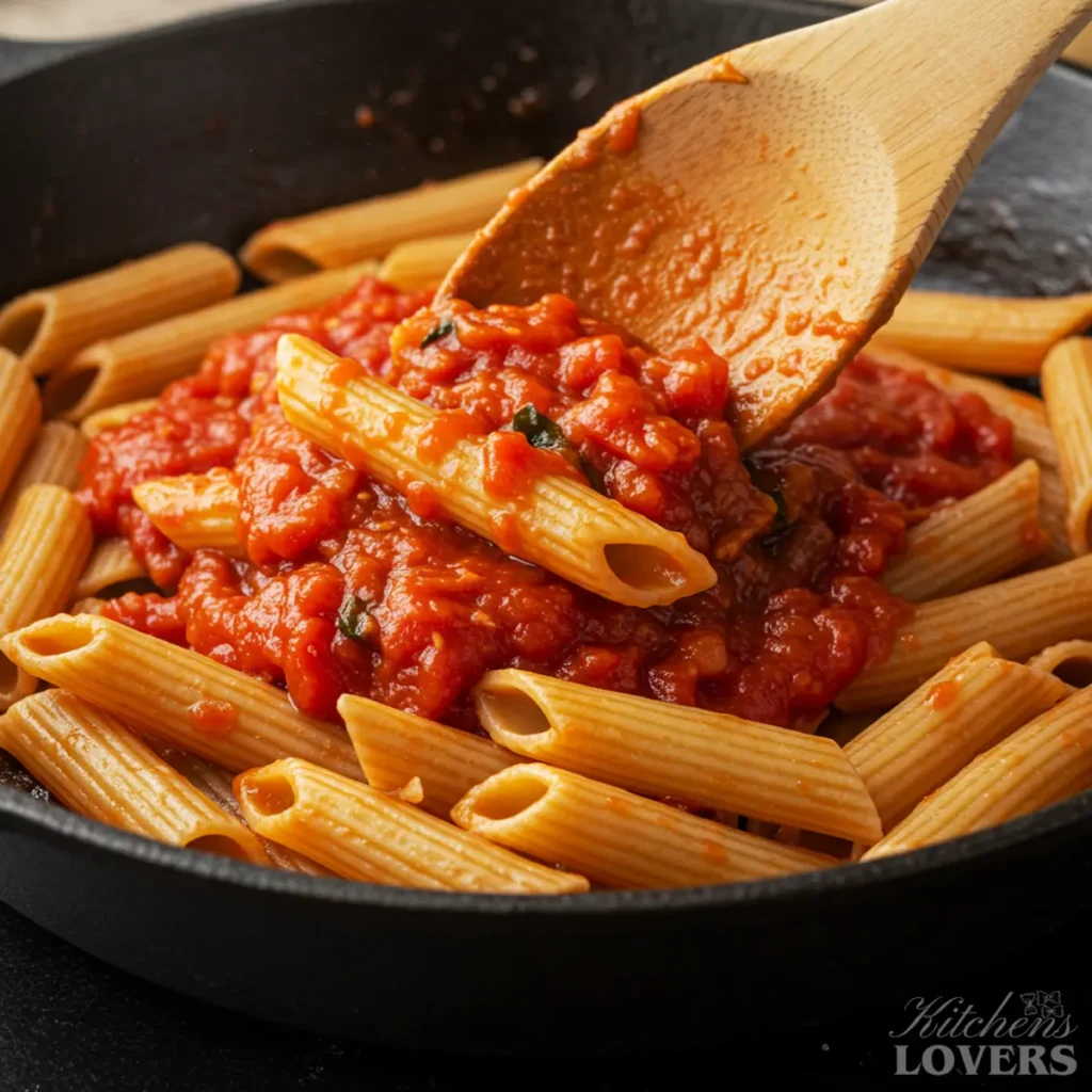 Close-up of rigatoni pasta being tossed with a rich, textured crushed tomato sauce in a black cast-iron skillet with a wooden spoon.