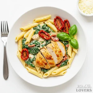 A high-angle overhead shot of a white bowl filled with saucy Creamy Tuscan Chicken Pasta, with the penne swimming in cream sauce and garnished with fresh basil.