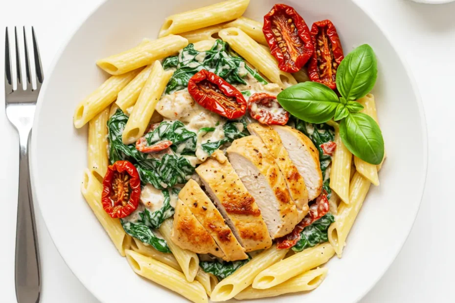 A high-angle overhead shot of a white bowl filled with saucy Creamy Tuscan Chicken Pasta, with the penne swimming in cream sauce and garnished with fresh basil.