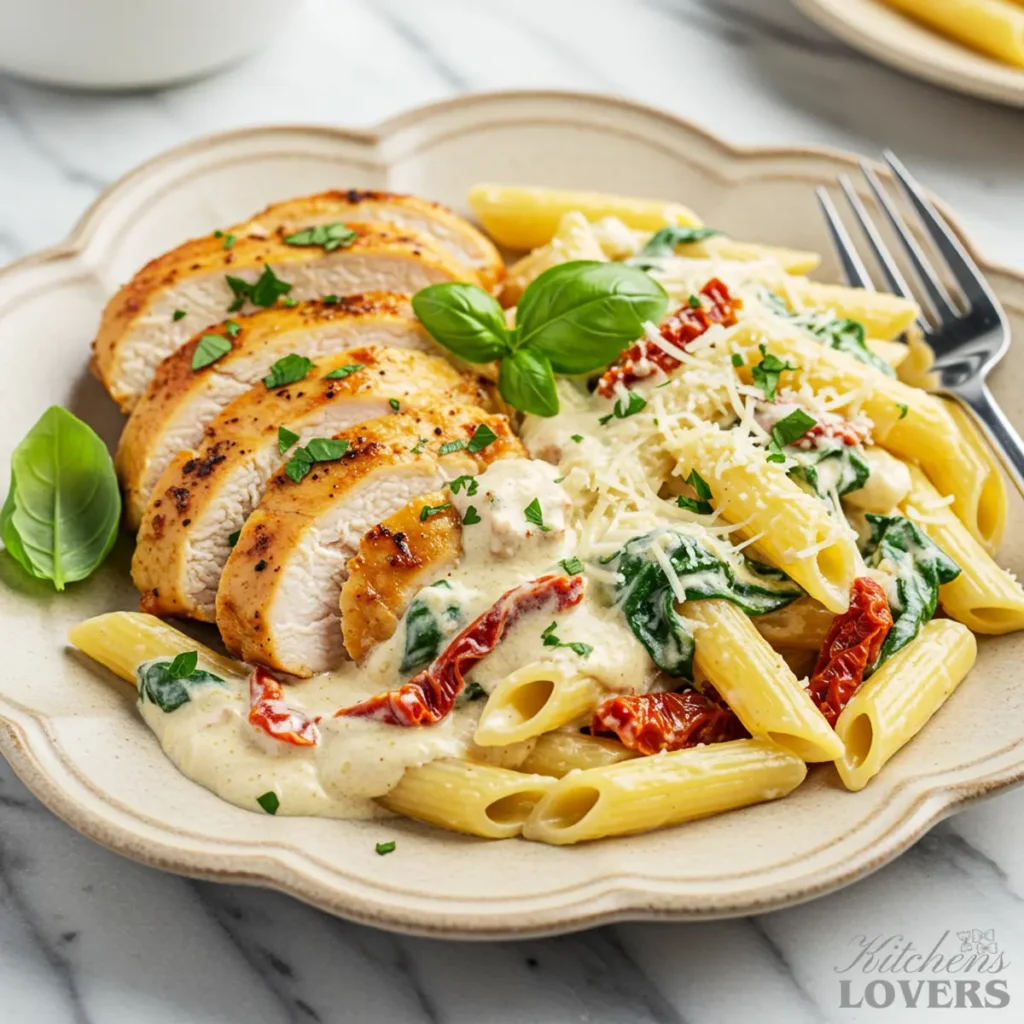 An elegantly plated serving of extra-saucy Creamy Tuscan Chicken Pasta on a rustic plate, with the cream sauce visibly pooling around the penne and chicken.