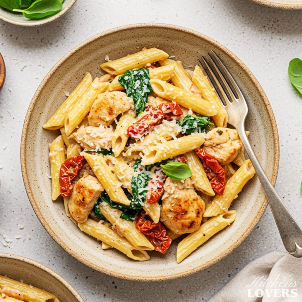 A top-down photo of creamy Tuscan chicken pasta in a rustic bowl, garnished with fresh basil and Parmesan cheese.