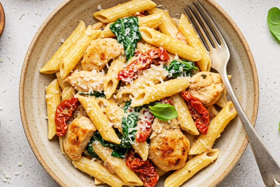A top-down photo of creamy Tuscan chicken pasta in a rustic bowl, garnished with fresh basil and Parmesan cheese.