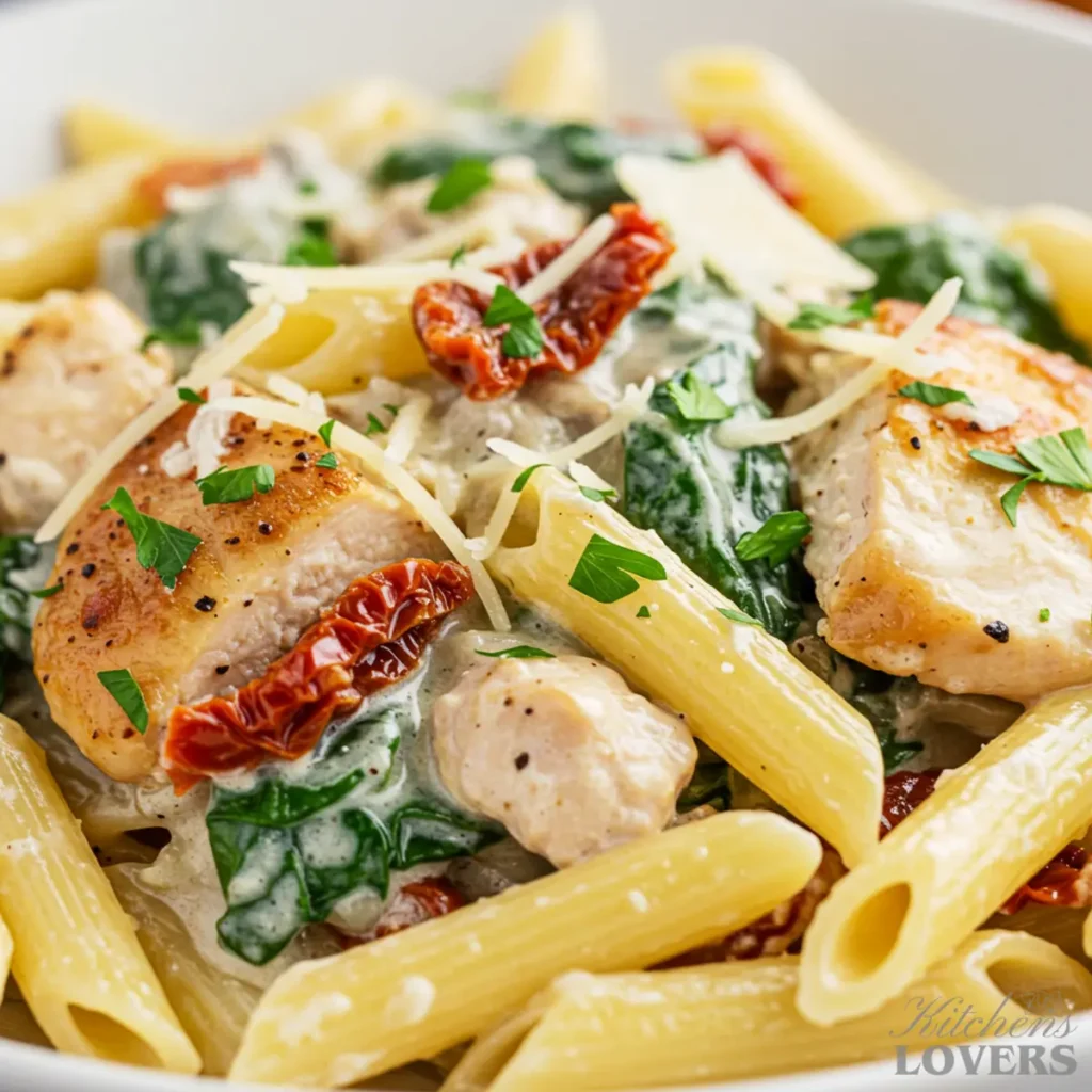 An extreme close-up of Creamy Tuscan Chicken Pasta, showing the detailed texture of the penne drenched in a glistening, pooling cream sauce.