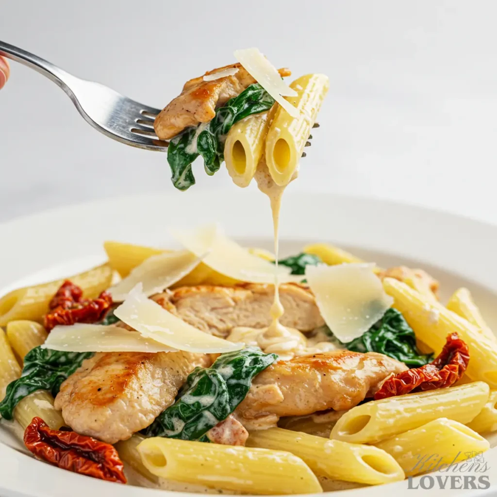 A close-up shot of a fork lifting a perfect, saucy bite of Creamy Tuscan Chicken Pasta, with a drop of cream sauce dripping from the penne.
