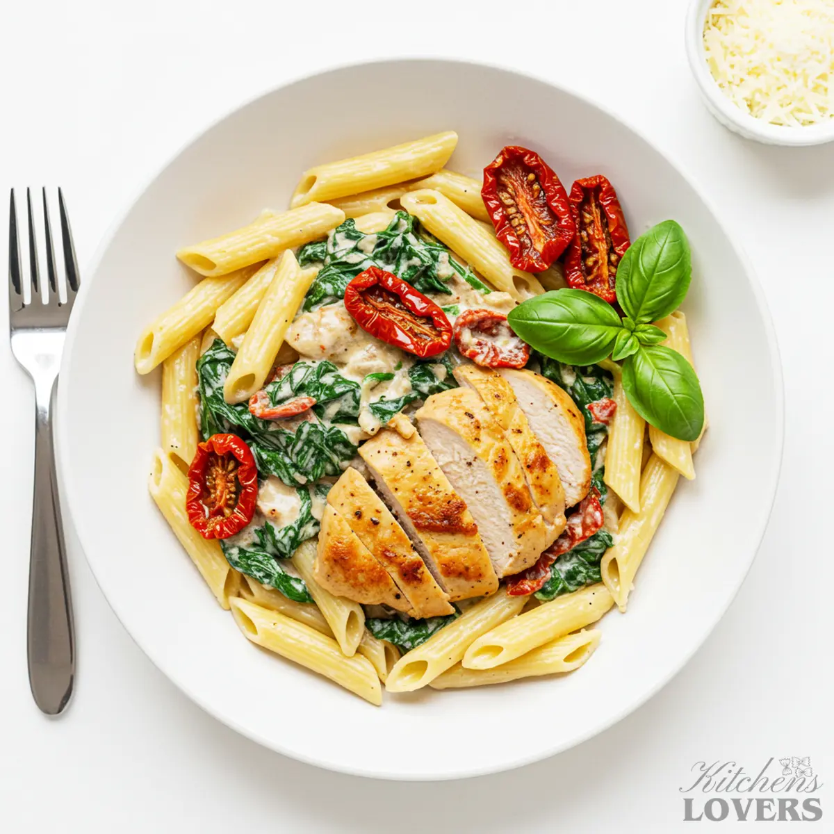 A high-angle overhead shot of a white bowl filled with saucy Creamy Tuscan Chicken Pasta, with the penne swimming in cream sauce and garnished with fresh basil.