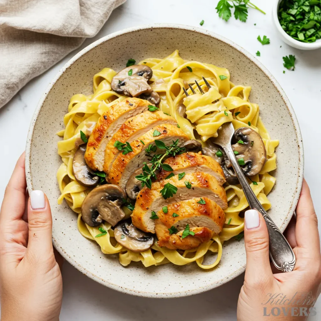 Kate holding a rustic stoneware bowl filled with creamy chicken marsala pasta.