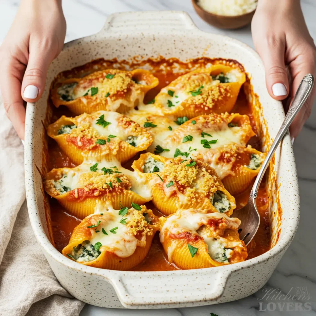 Kate hands holding a hot, rustic casserole dish fresh from the oven, filled with bubbling chicken ricotta stuffed shells with a golden-brown cheesy crust.