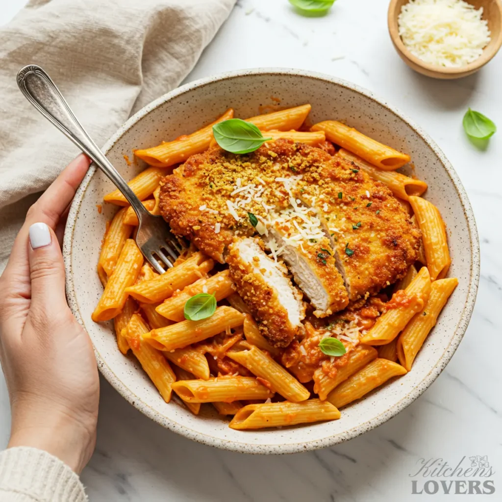 An elegant plate of Chicken Penne Parmesan, with a serving bowl of Shaved Fennel and Orange Salad paired alongside it in the background.