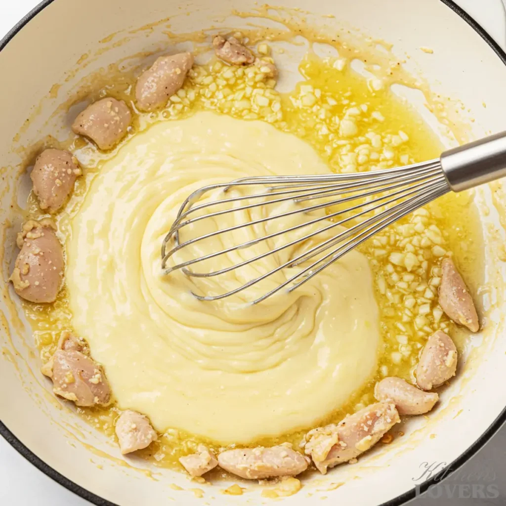 Overhead shot of a whisk making a smooth roux from butter, garlic, and flour in a skillet.