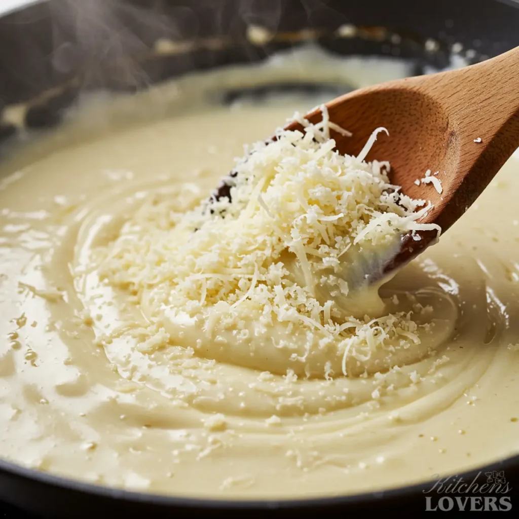 A close-up shot of freshly grated Parmesan cheese being stirred and melted into a rich, velvety cream sauce in a pan.