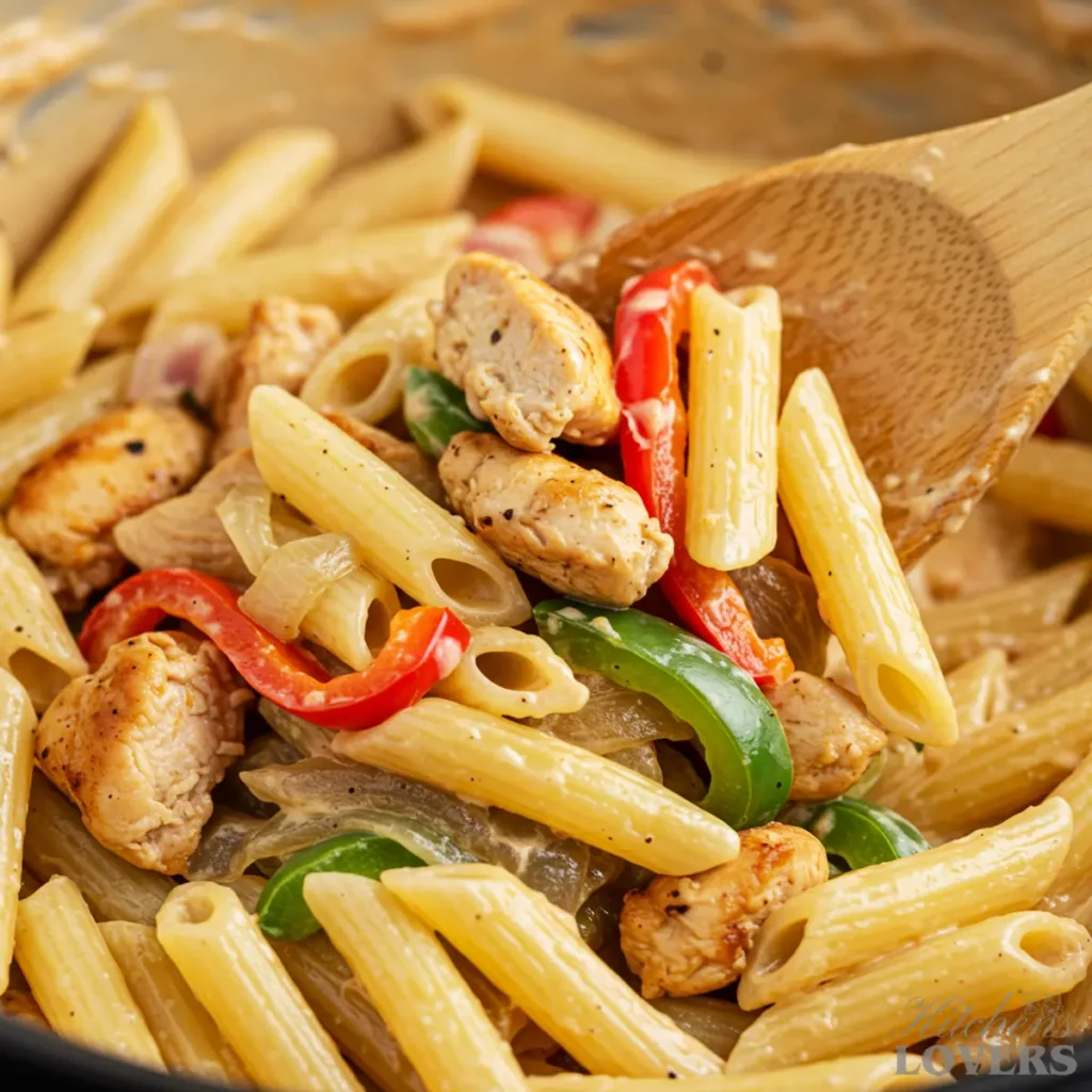 A close-up, macro shot of creamy chicken fajita pasta being stirred in a skillet with a wooden spoon, showing the velvety texture of the sauce.
