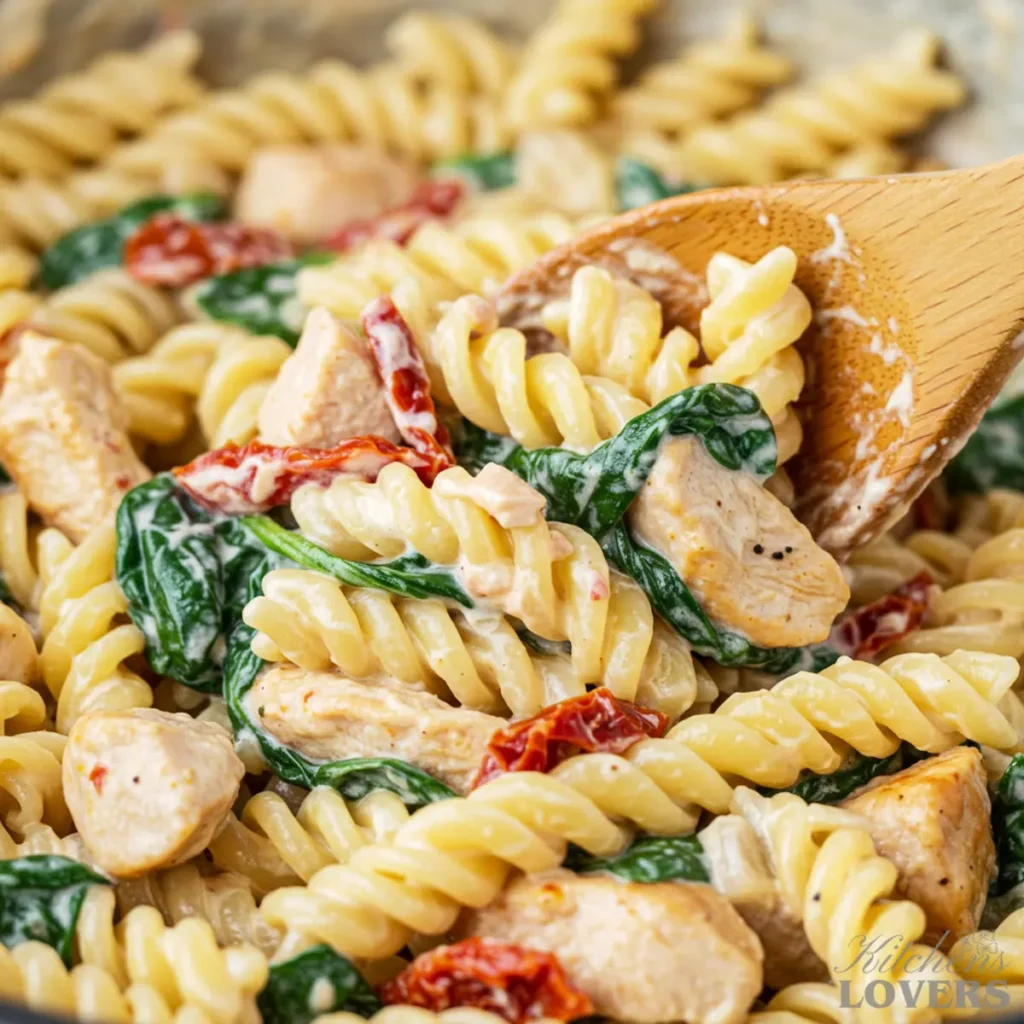 A close-up shot of a wooden spoon stirring creamy rotini pasta with chicken and spinach in a pan, showcasing the rich sauce.