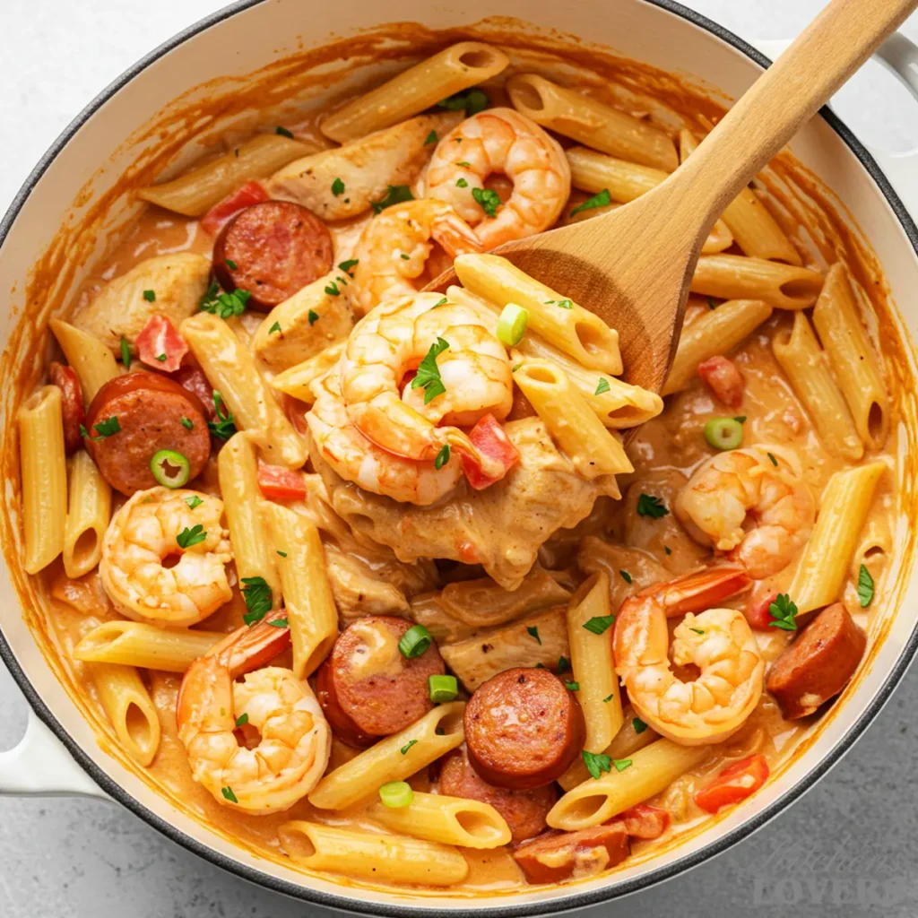 A scoop of creamy Cajun pasta being lifted by a wooden spoon from a white cast-iron Dutch oven.