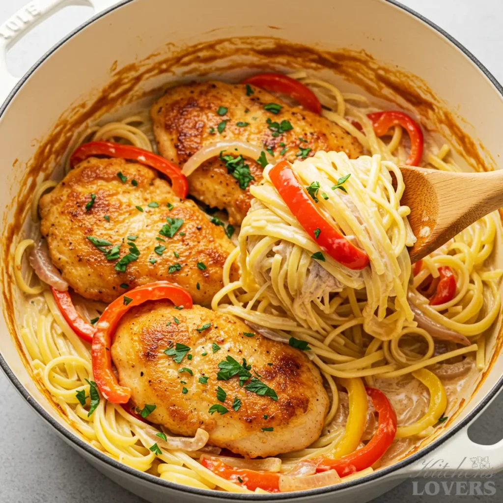 An overhead flat lay of chicken scampi in a white Dutch oven, with a wooden spoon lifting out a creamy scoop of pasta, chicken, and peppers.