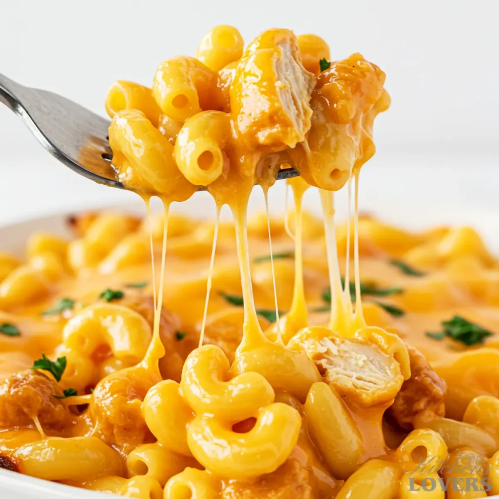 An eye-level close-up of a fork lifting a gooey bite of chicken mac and cheese, with stretchy strings of melted cheese connecting it to the bowl.