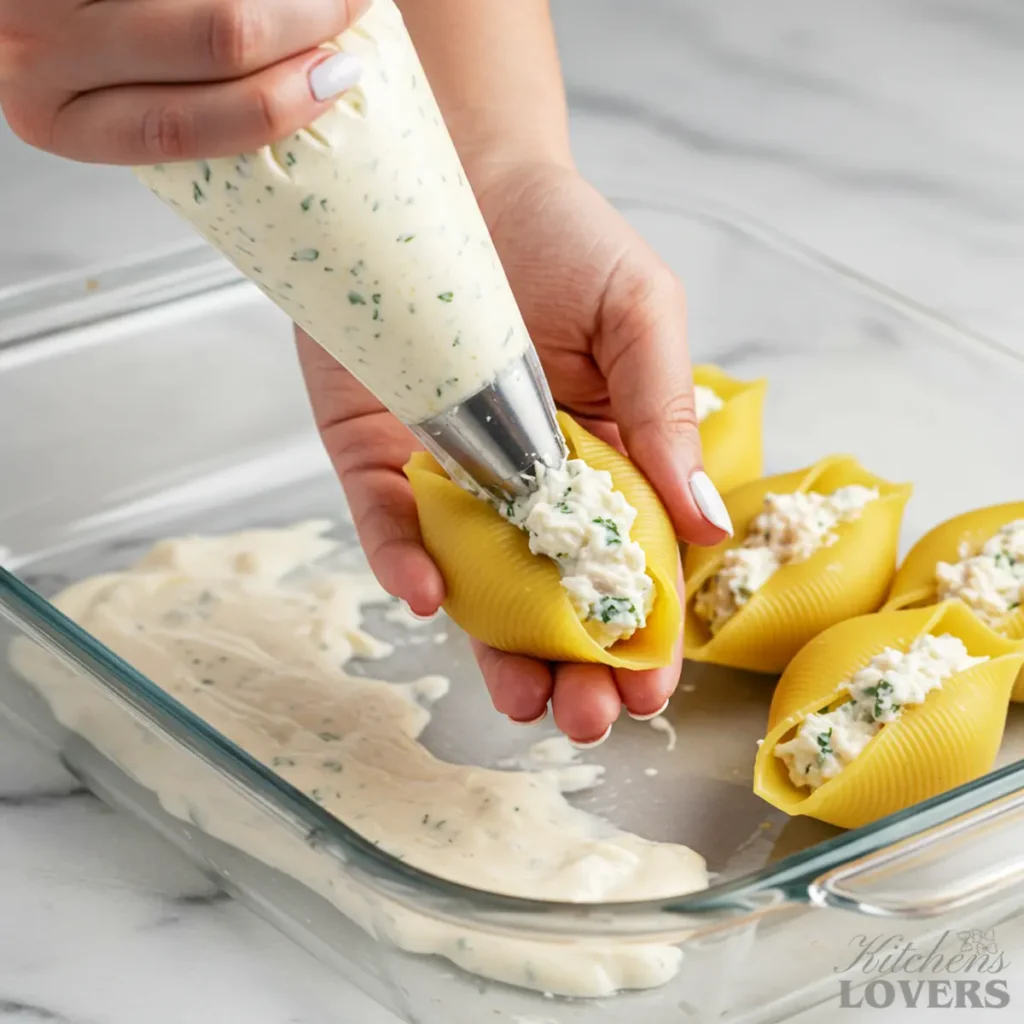 A top-down view of kate using a zip-top bag to easily pipe a cheesy chicken and ricotta filling into jumbo pasta shells in a glass baking dish.
