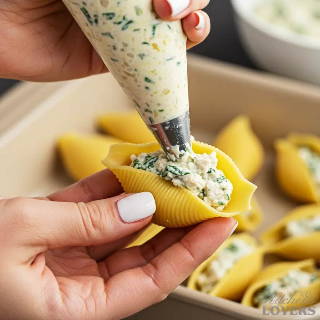 Close-up of kate hands using a piping bag to cleanly and easily stuff a jumbo pasta shell with a rich ricotta and chicken filling.
