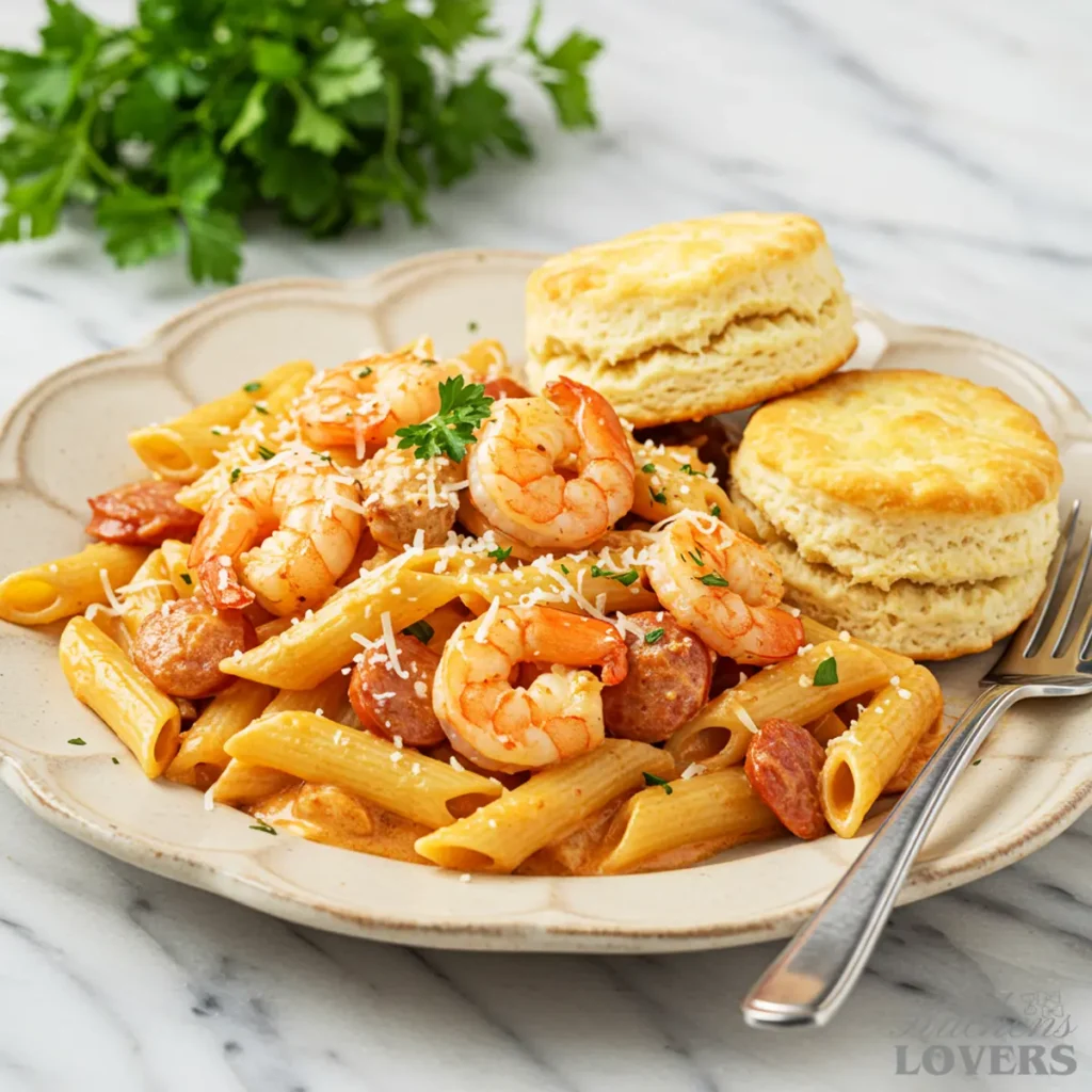An elegant plate of creamy Cajun penne pasta topped with shrimp and chicken, served with two fluffy buttermilk biscuits on a rustic plate.