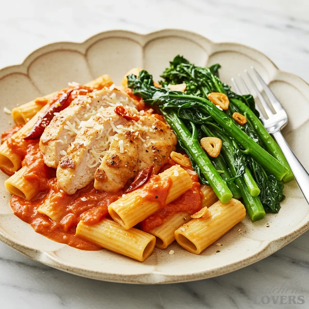 A beautiful plate of creamy chicken fra diavolo pasta served alongside sautéed broccoli rabe with garlic, showcasing a complete meal.