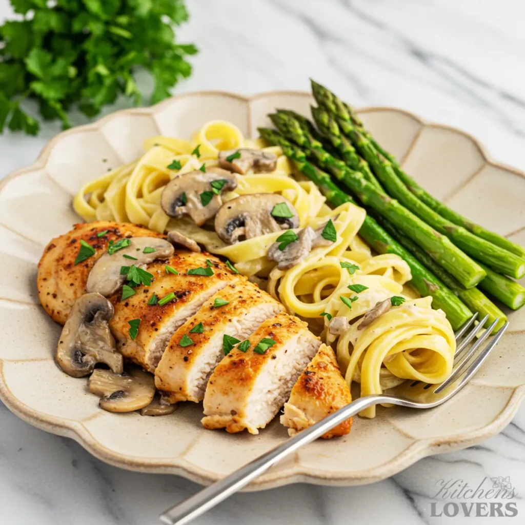 An elegant plate of creamy chicken marsala pasta with sliced chicken, served alongside a bundle of roasted asparagus.