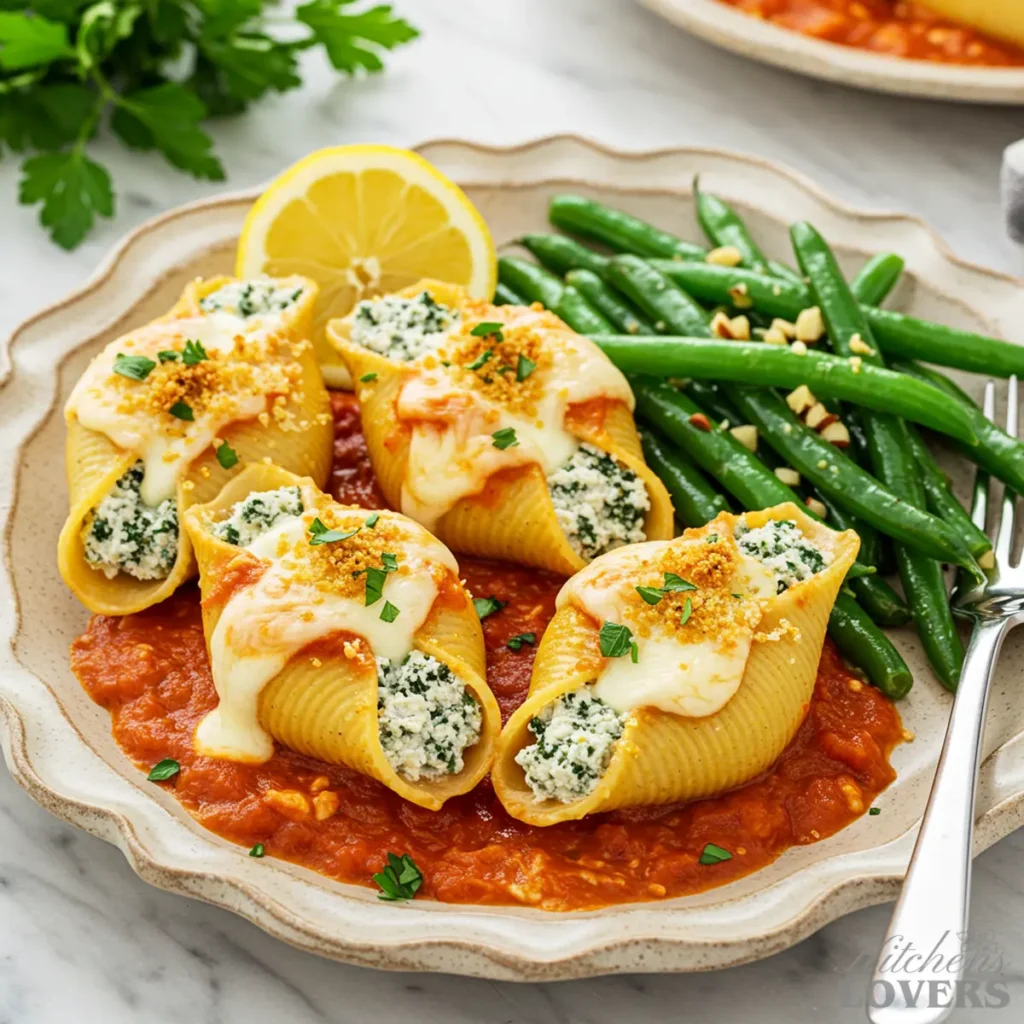 A serving of three chicken ricotta stuffed shells on a rustic plate next to a portion of sautéed green beans topped with toasted almonds.
