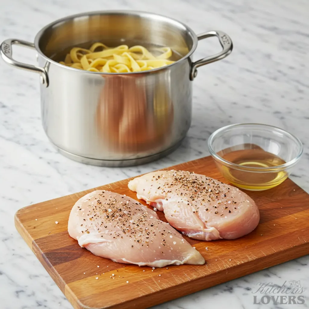 A cooking prep station showing seasoned chicken breasts on a cutting board with a pot of fettuccine boiling in the background.