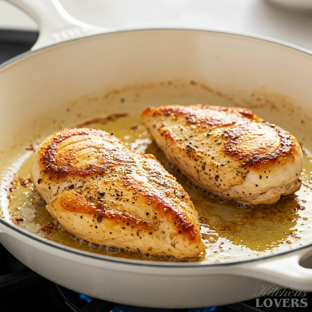 Close-up of two chicken breasts searing to a golden-brown crust in a hot, white cast-iron skillet.