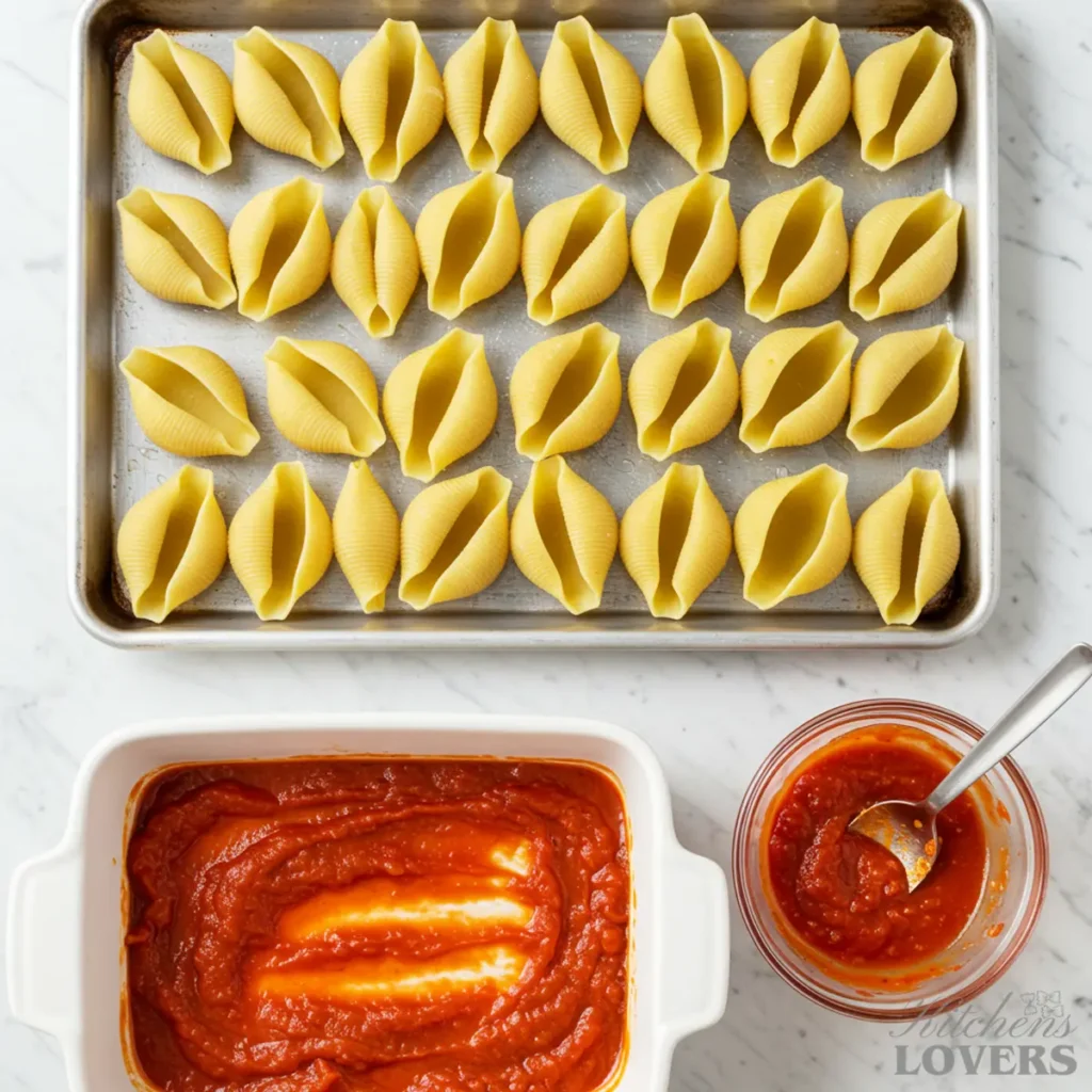 Overhead view of a baking dish with marinara and a baking sheet with perfectly cooked jumbo pasta shells, ready for stuffing.