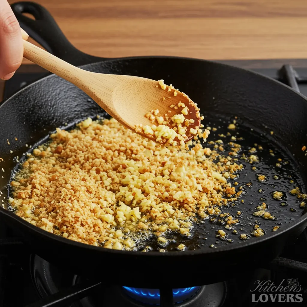 Close-up action shot of a wooden spoon stirring panko breadcrumbs and garlic as they turn golden brown in a hot cast-iron skillet.