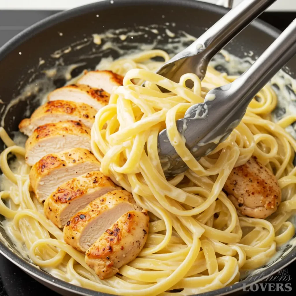 An action shot of tongs tossing fettuccine and sliced chicken together in a pan full of creamy Alfredo sauce.
