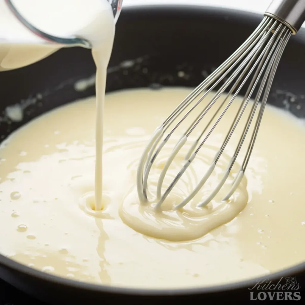 An action shot showing milk being whisked into a roux to create a smooth, creamy base for Alfredo sauce.
