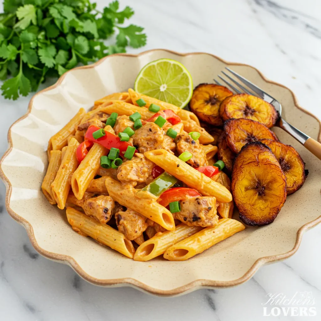 A beautiful plate of authentic Rasta Pasta with jerk chicken and a side of sweet fried plantains, garnished with a lime wedge.