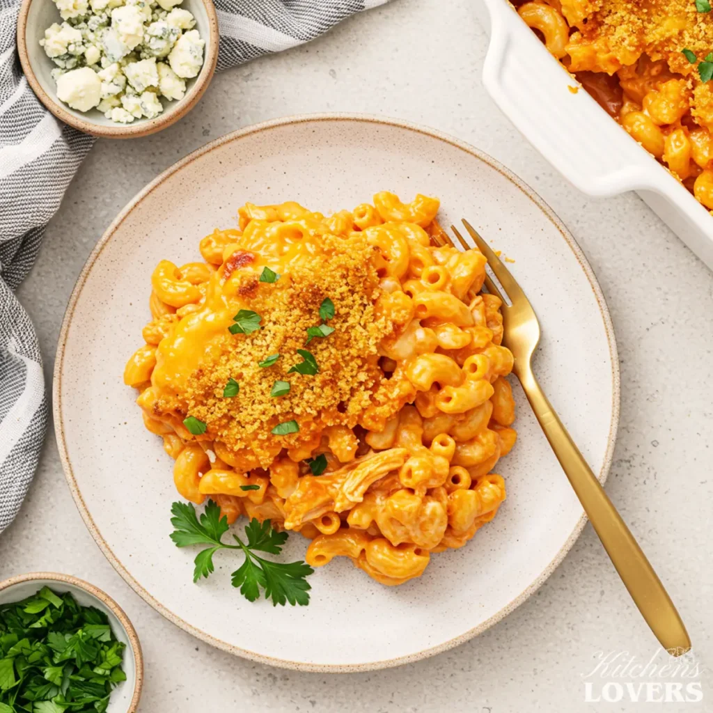 A top-down photo of creamy Baked Buffalo Chicken Mac and Cheese with a crispy panko topping.
