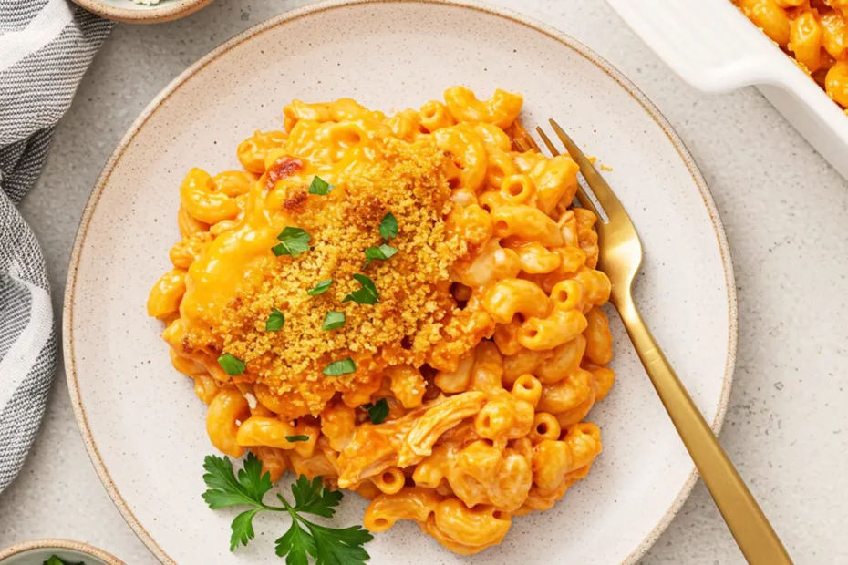 A top-down photo of creamy Baked Buffalo Chicken Mac and Cheese with a crispy panko topping.